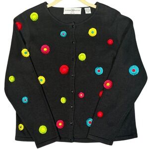 Marisa Christina Small Petite Black Embroidered Dots Cardigan Sweater Whimsical